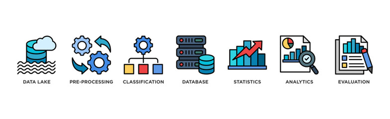 Data engineering banner web icon illustration concept with icon of data lake, pre-processing, classification, database, statistics, analytics and evaluation