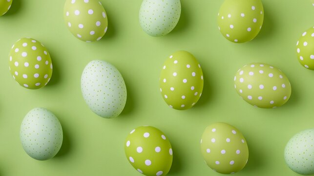 Pastel green Easter eggs with polka dot patterns and speckled textures artfully arranged on a soft mint green background, creating a playful spring-themed composition