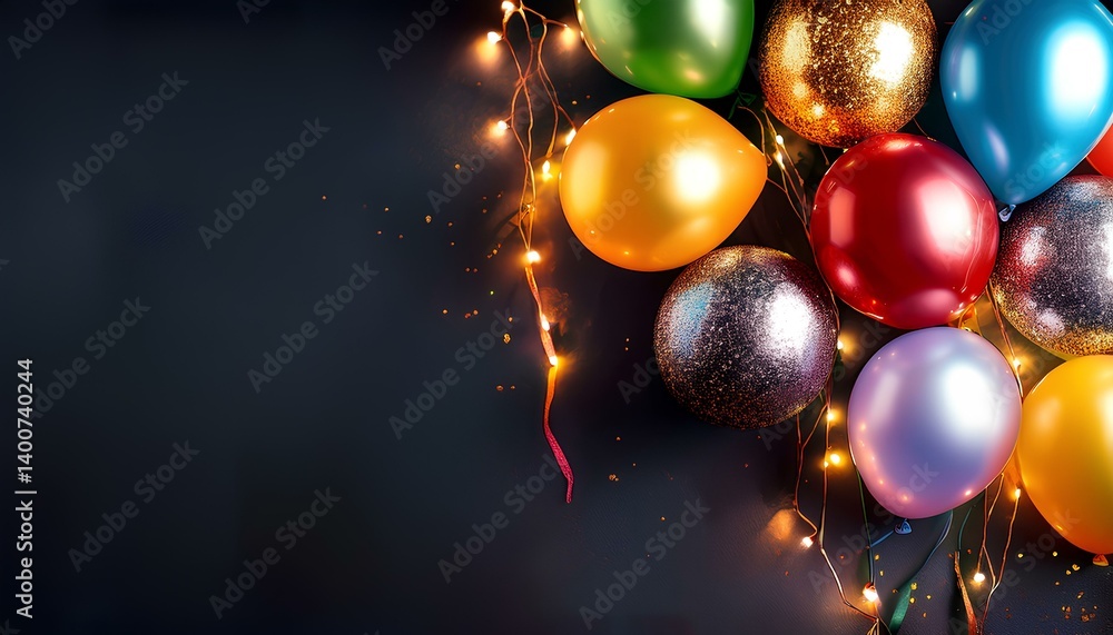 Poster colorful balloons and decorative lights on an dark background with copy space.