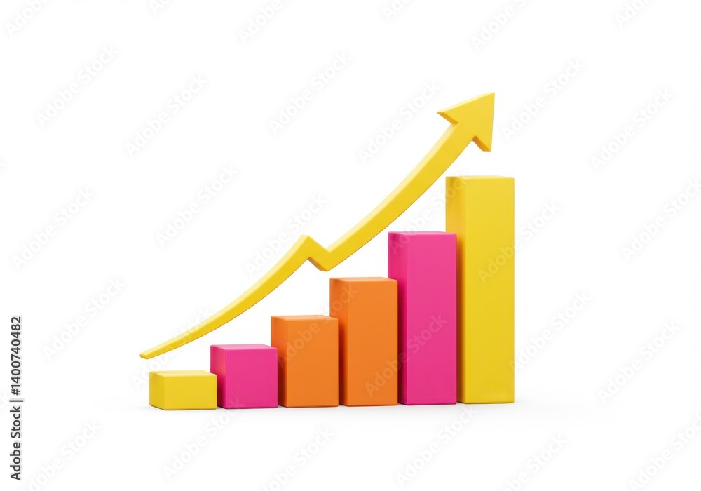 Poster colorful bar graph with arrow pointing up on white background