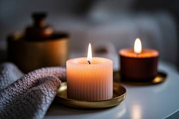 Two candles are lit on a table, one of which is on a gold tray