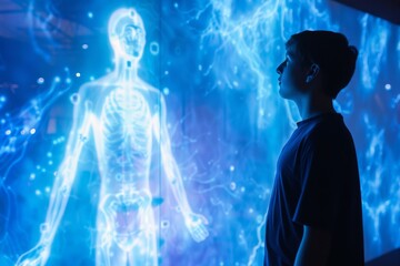 silhouette of a person in a blue background looking at a blue light hologram of a body in a display