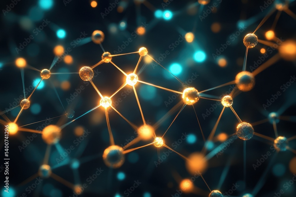 Poster bright spheres connected by lines in a dark background depicting a molecular structure