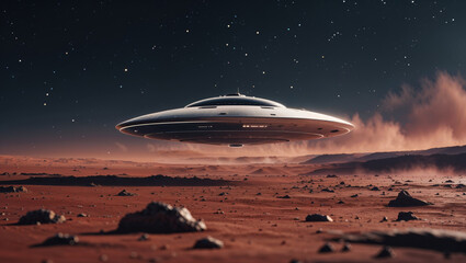 Obraz premium A gleaming, futuristic flying saucer hovers low over a stark, alien landscape at dusk.