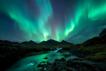 Spectacular Waterfall in Iceland Enhanced by Aurora Glow