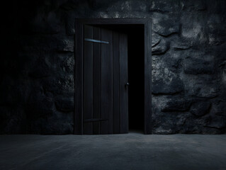 A forgotten crypt door slowly opening, with an unsettling creak, revealing darkness inside.

