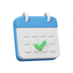 Blue calendar with green checkmark on white background