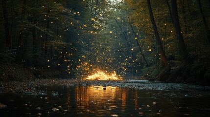 Firefly bonfire by a forest stream