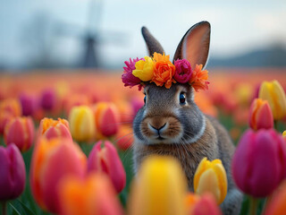 A brown cottontail rabbit wearing a crown made of multicolored tulips