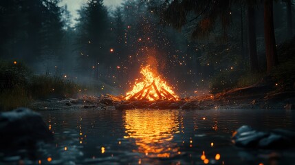 Campfire reflections in misty forest