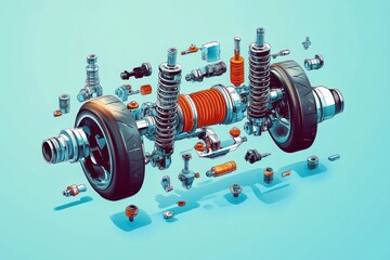 Exploded view of car suspension system parts on light teal background