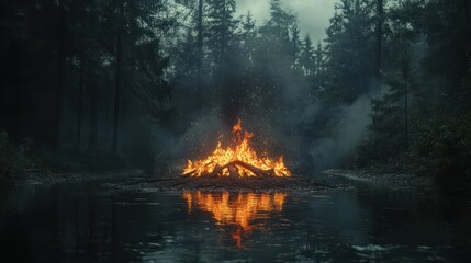 Burning bonfire reflecting on misty forest stream