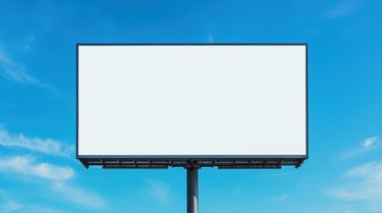 A blank billboard stands against a bright blue sky, offering an unobstructed space for advertising or messaging.