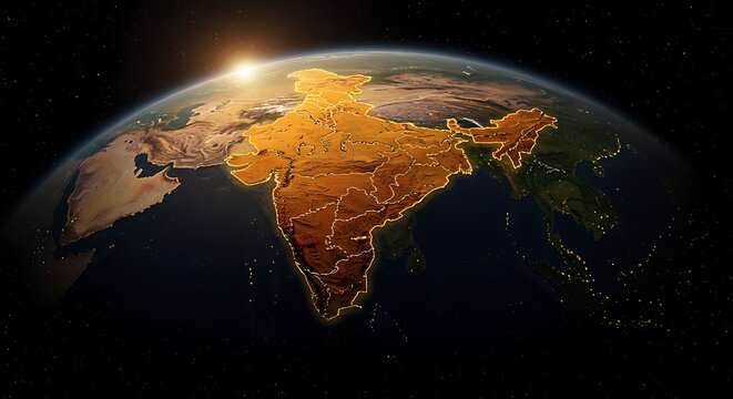 Viewing India From Space at Sunrise with Earth's Curvature