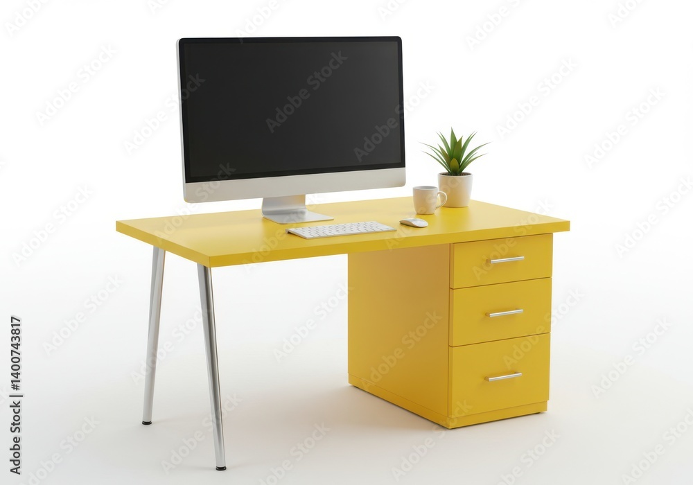 Poster yellow desk with computer setup on white background