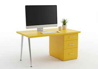 Yellow desk with computer setup on white background