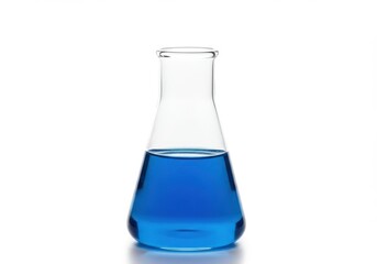 Flask with blue liquid in laboratory on white background