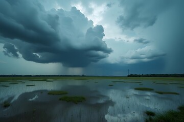 Obraz premium A flooded field reflecting dramatic storm clouds overhead.