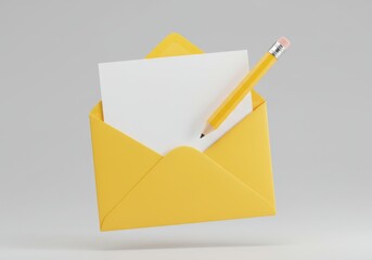Yellow envelope with pencil on white background