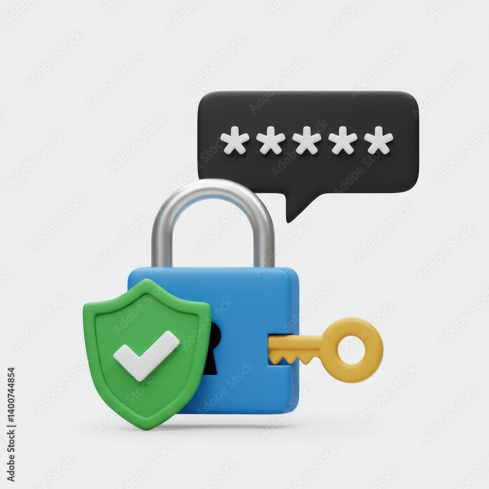 Poster lock with key and shield icon render on white background