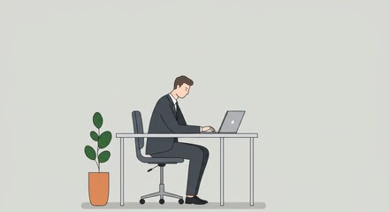 Focused Businessman Working at Minimalist Desk with Potted Plant