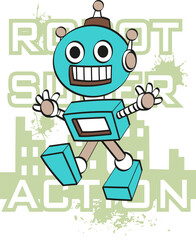 Happy Blue Robot Cartoon