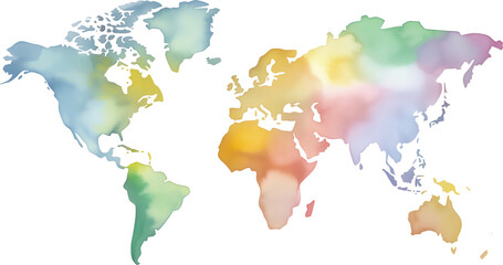 Colorful watercolor world map on transparent background.