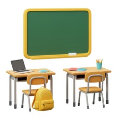 Fototapeta premium Classroom scene with desks and board on white background