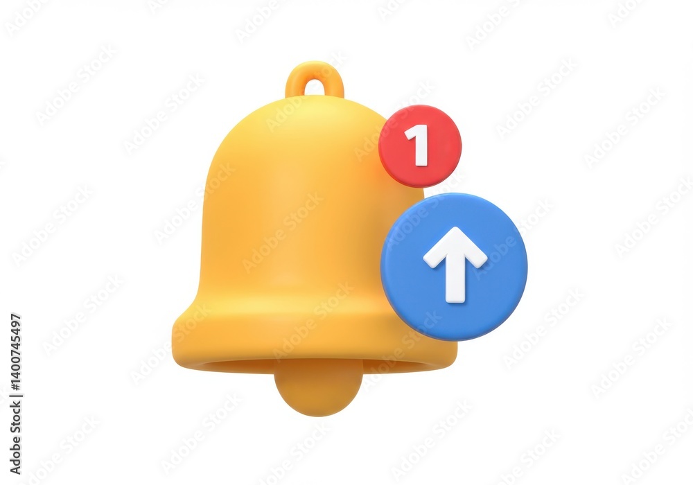 Poster yellow notification bell with arrow on white background