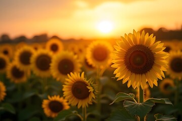 Obraz premium Sunflowers turned toward the rising sun in synchronized formation. 
