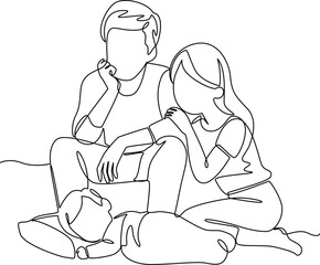 Parents watching child sleep one line art vector