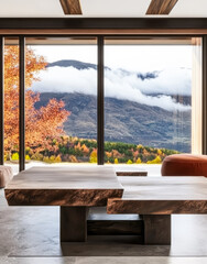 Modern interior design with mountain view and autumn colors in a cozy setting