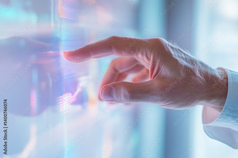 Poster digital interaction concept with a hand touching a virtual interface for technology and innovation