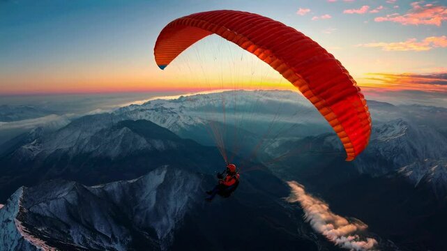 Aerial video captures a paraglider soaring over snow-capped mountains at sunset, with a wide-angle view highlighting the vibrant sky and landscape.
