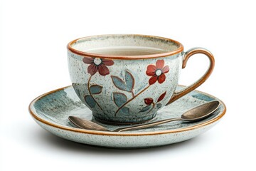 Isolated morning tea set: cup, stirring spoon, on white backdrop.