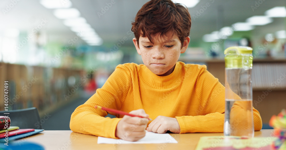 Aufkleber Boy, learning and paper with thinking at library for test, study and development with problem solving. Kid, notes and solution with education, assessment or school project with scholarship in hall