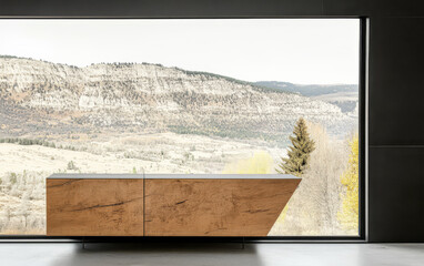 Beautiful view of mountains through modern interior window with sleek furniture