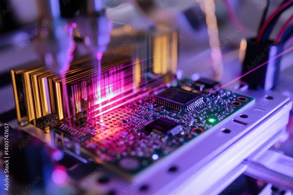 Poster precision engineers utilize laser technology for circuit board testing and diagnostics