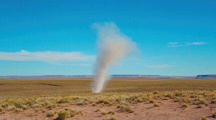 Fototapeta premium Swirling dust devil in vast desert landscape under clear blue sky, natural phenomenon and weather concept, isolated and dynamic movement. 