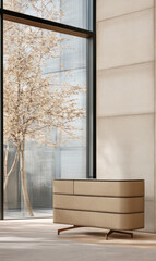 Modern minimalist dresser near large window with a view of a tree