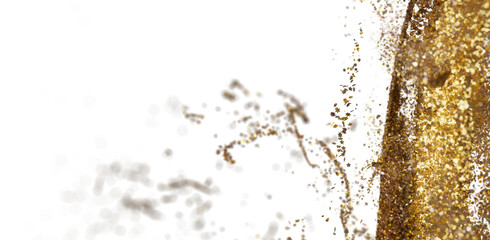 Abstract gold glitter explosion on white. Festive, luxurious texture for design.