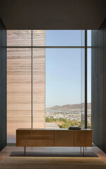 Modern interior design featuring large windows and scenic views of a landscape