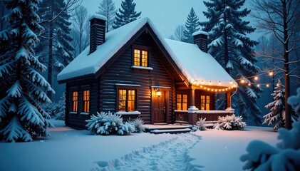 Snowy cottage facade softly lit by string lights, cottage, blanket