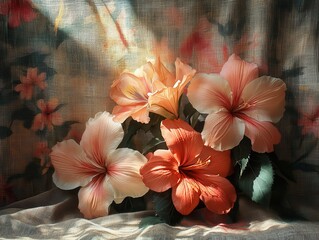 exotic blooms on linen surface with soft light and shadows