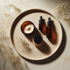 Minimalist Skincare Flat Lay – Amber Bottles and Cream Jars with Baby’s Breath