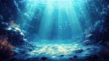 sunlight filtering through ocean depths illuminates a serene underwater landscape with marine flora and fauna creating a calming deep sea vista