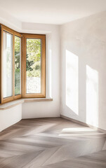 Natural light fills a modern corner room with wooden accents and elegant flooring