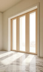 Natural light fills a spacious room through large wooden windows in a modern interior setting