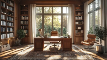 Sunlit Study: A Luxurious Home Office with Large Windows and Wooden Bookcases