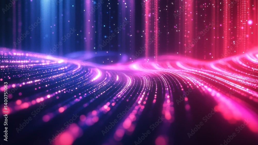 Poster shimmering waves of light emanating from a futuristic landscape in vibrant pinks and blues creating 